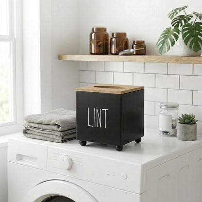 CHONIC Lint Bin for Laundry Room, Farmhouse Lint Box, Wooden Lint Holder with Lid, Lint Container for Laundry Room Decor, Dryer Lint Trash Can for Laundry Accessory Organization(Black)