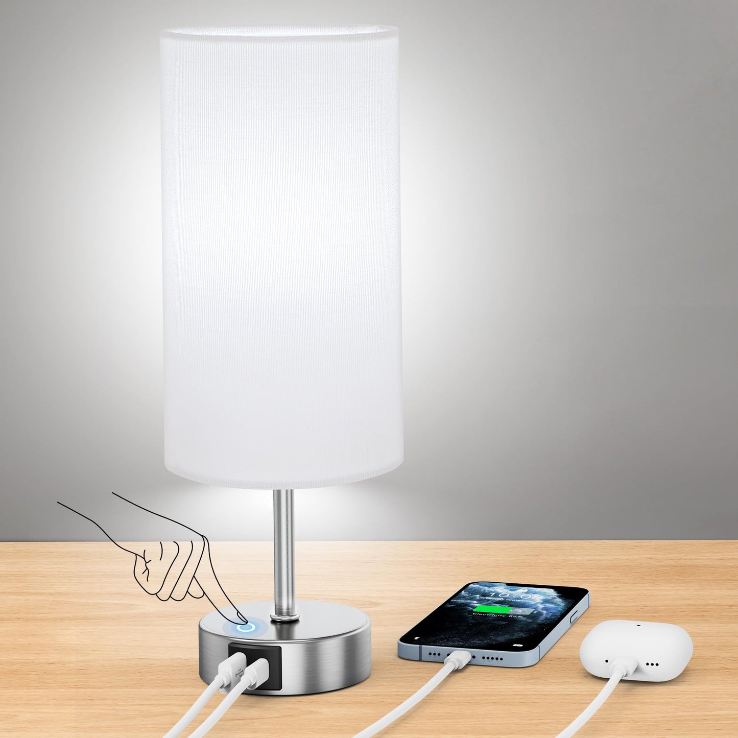 ROTTOGOON 12.8" Touch Control Table Lamp, 3-Way Dimmable Small Bedside Nightstand Lamp with 2 USB Ports, Modern Table Lamps with 6500K Daylight LED Bulb for Bedroom Living Room