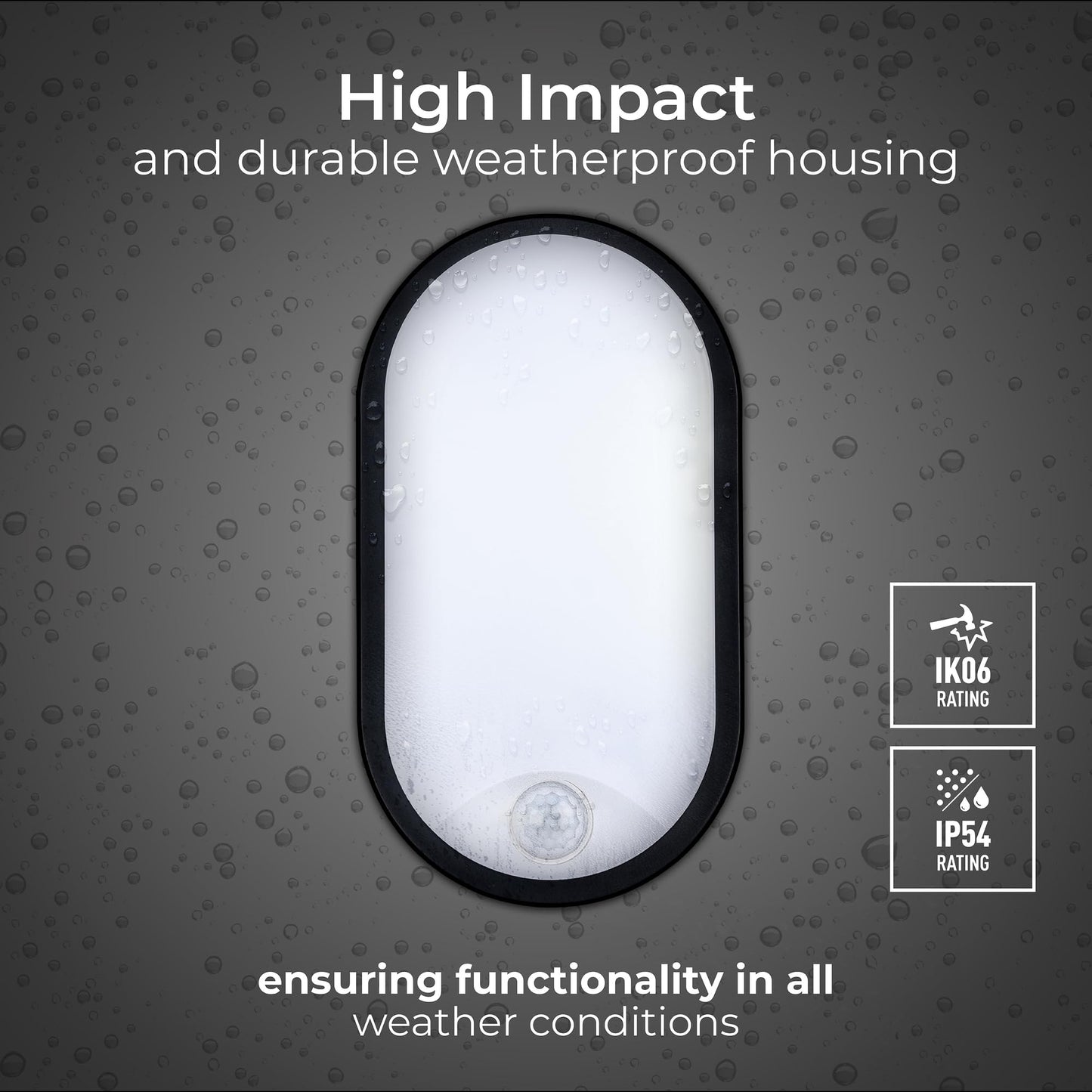 Luceco Eco Outdoor LED Bulkhead Light with PIR Motion Sensor, Decorative Exterior Lighting, Oval, Black, IP54, 10W, 700lm, 4000K, EBEO10P40