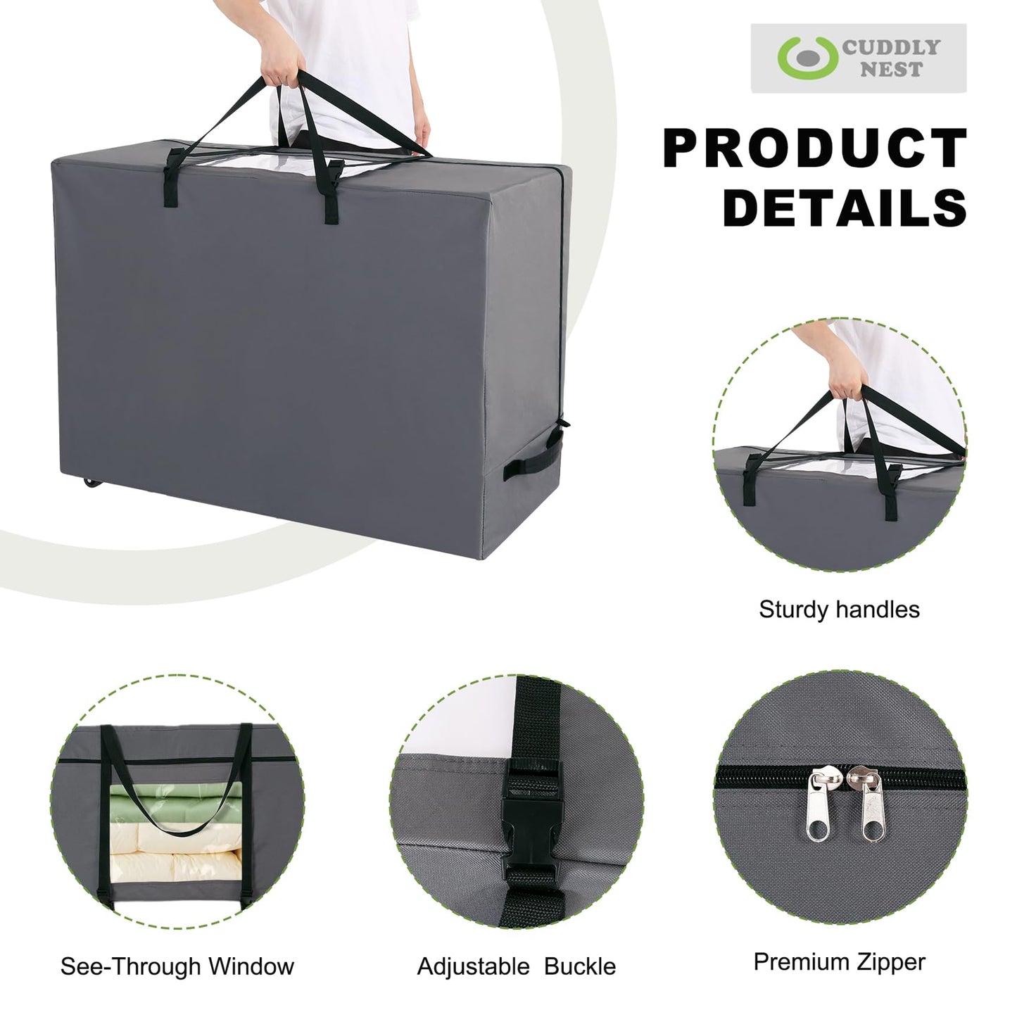 Cuddly Nest Folding Mattress Storage Bag with Wheels & Handles - 900D Heavy Duty Storage Container Fits for 6" Full Tri-Fold Mattress,Grey