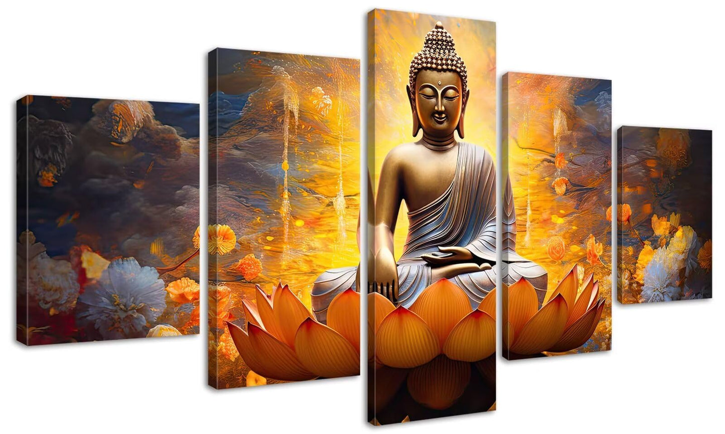 DJSYLIFE Gold Buddha Wall Art for Living Room Large 5 Piece Zen Photo Picture HD Canvas Print Paintings for Yoga Room Home Decor Modern Artwork Framed Ready to Hang Decorations (60" W x 32" H)