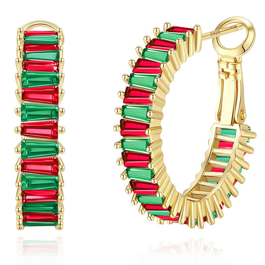 GLOQUAT Red and Green Christmas Hoop Earrings 14K Gold Plated Red and Green Hoops for Women 925 Sterling Silver Post Vintage Colorful Christmas CZ Gold Round Circle Hoop Trendy Jewelry Gift 25mm