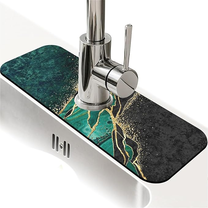 Kitchen Sink Splash Guard，Black and green gold marble Faucet Mat Sink