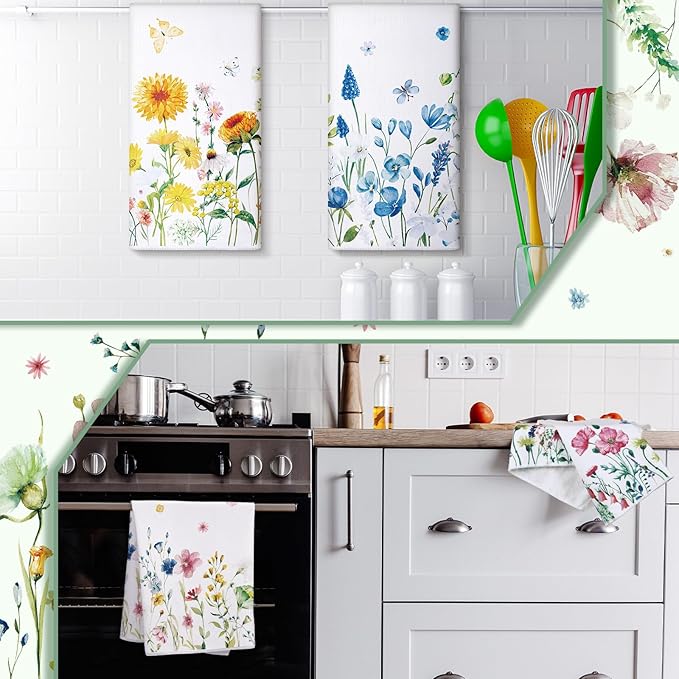 Geyoga 6 Pcs Spring Floral Kitchen Towels Flamingo Dish Hand Towels Sunflower