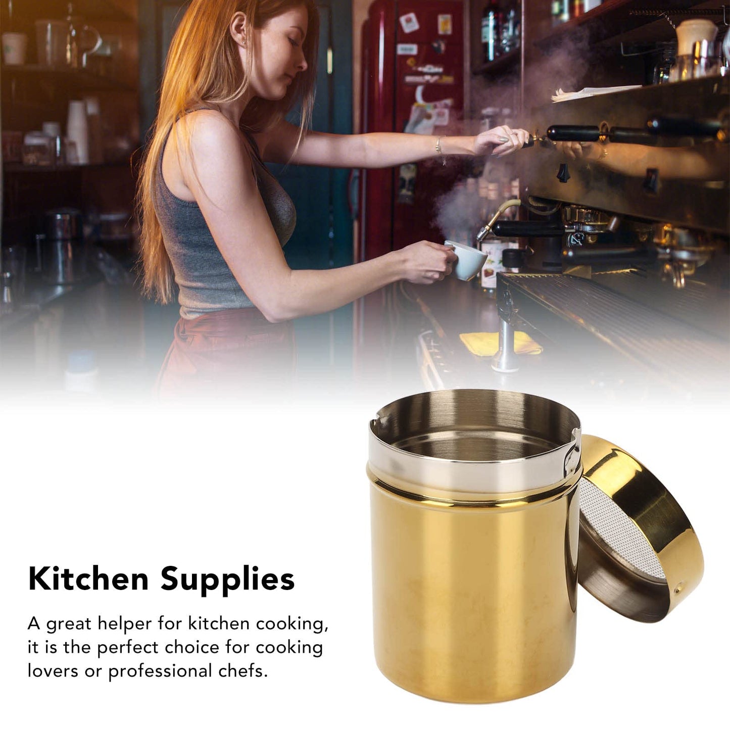 Stainless Steel Powder Shaker, Coffee Cocoa Dredges with Fine Mesh Lid, 2.8 x 3.5 inch Powder Sugar Shaker for Coffee Cocoa Chocolate Cinnamon, Gold