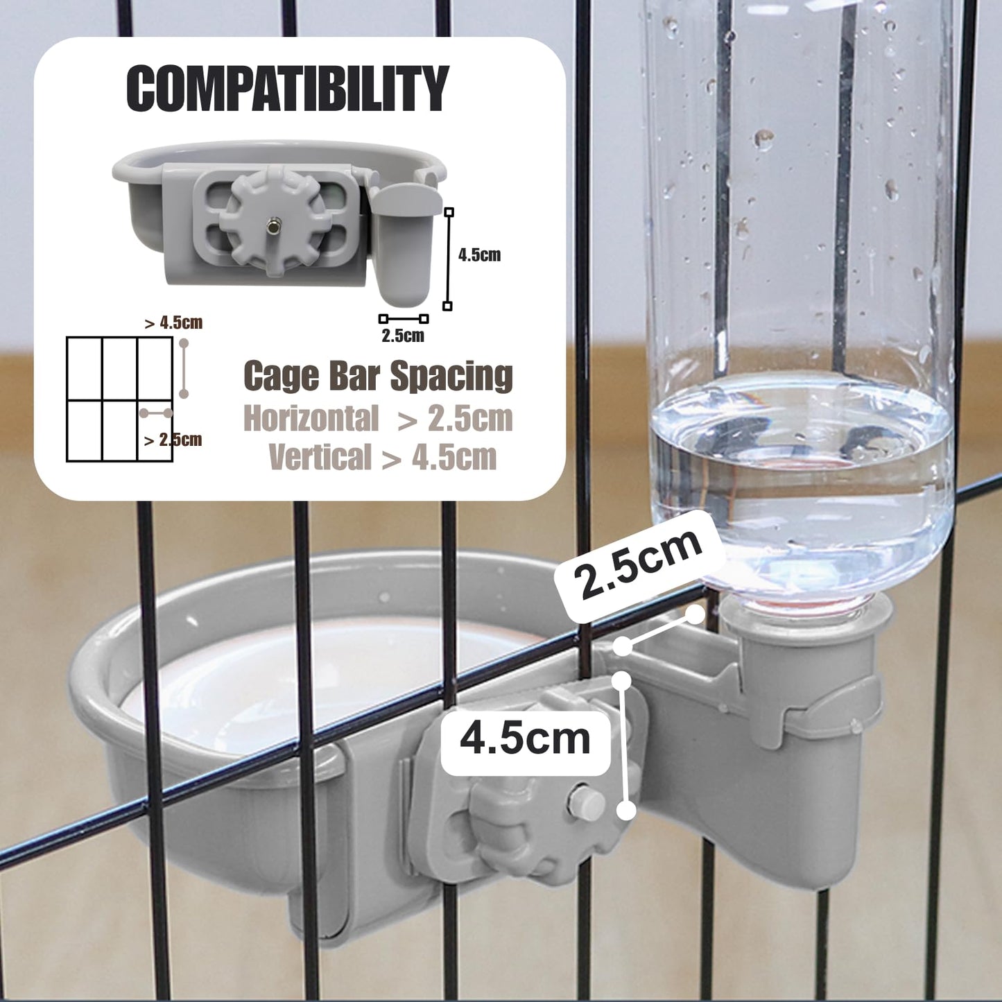 TOKAYIFE Pet Water Bottle [Grey, 480ml] Cage Water Bottles for Rabbits, Dogs, Ferrets, Cats and Other Small Animals, Anti-Overflow Water Dispenser for Crate