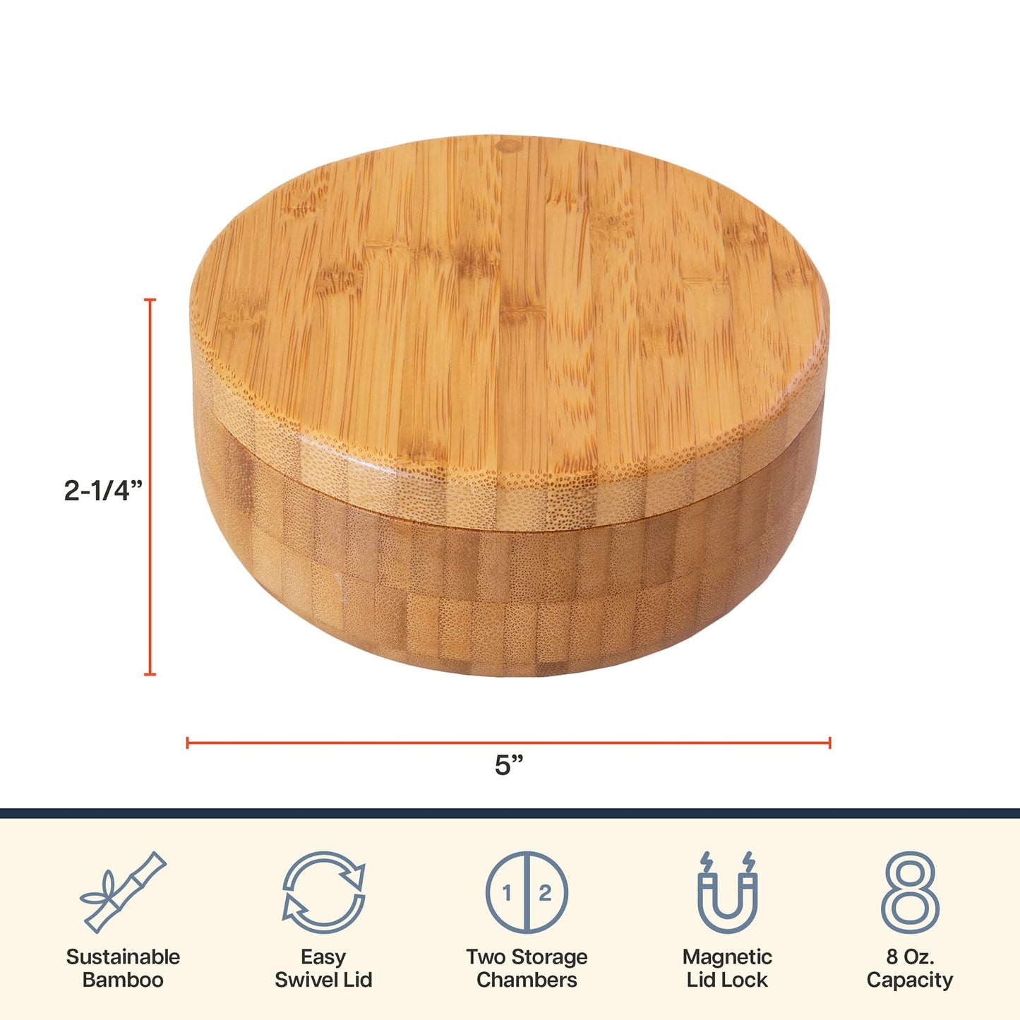 Totally Bamboo Salt Keeper Duet, Salt and Pepper Container with Dual Compartments, Bamboo Spice Cellar with Magnetic Swivel Lid, Countertop Bowls for Seasonings