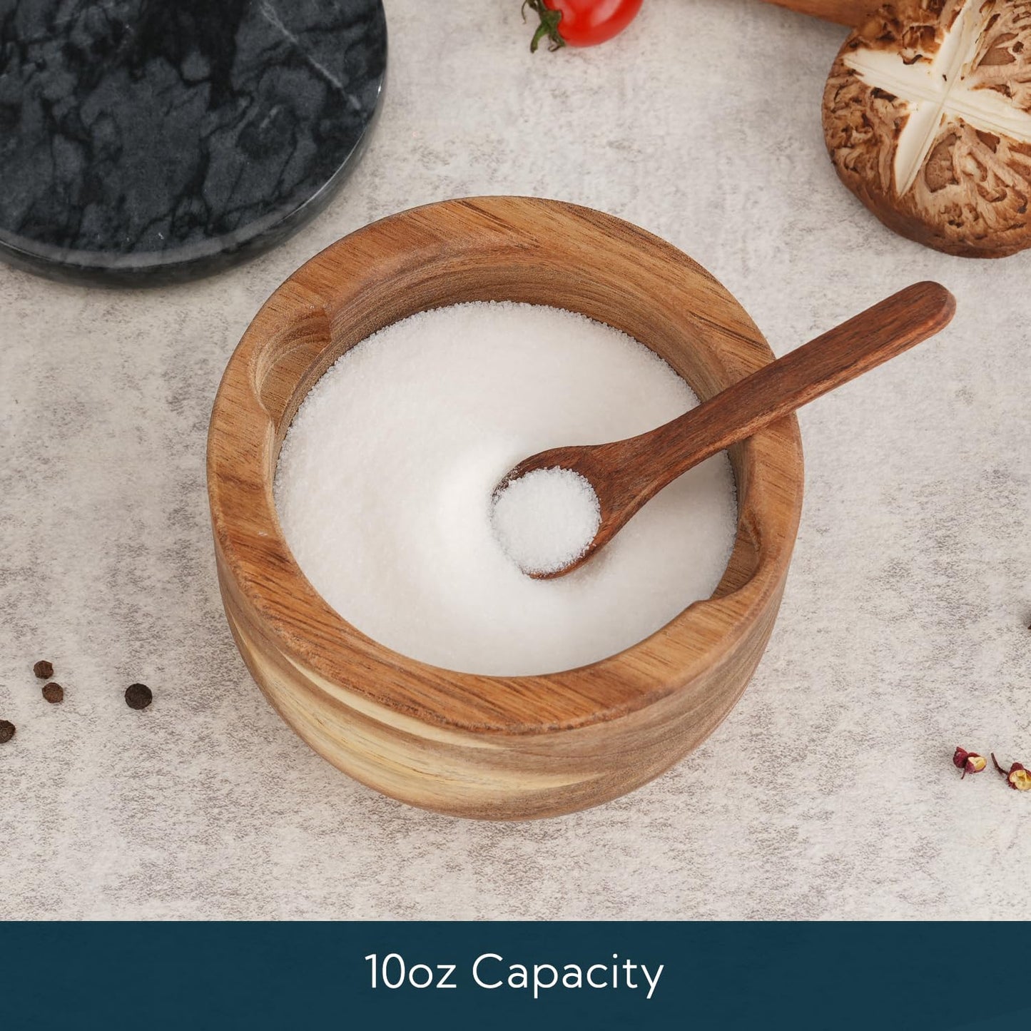 KITCHENDAO Large Acacia Salt Cellar Box Bowl with Built-in Spoon and Marble Lid, Solid Natural Acacia Wood Bath Sea Salt Container, Black Marble Lid, Pepper Sealer Pinch Bowl, 10oz Capacity