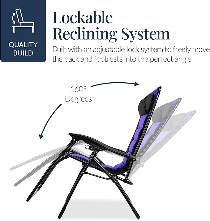 Best Choice Products Oversized Padded Zero Gravity Chair, Folding Outdoor Patio Recliner, XL Anti Gravity Lounger for Backyard w/Headrest, Cup Holder, Side Tray, Polyester Mesh - Black/Purple