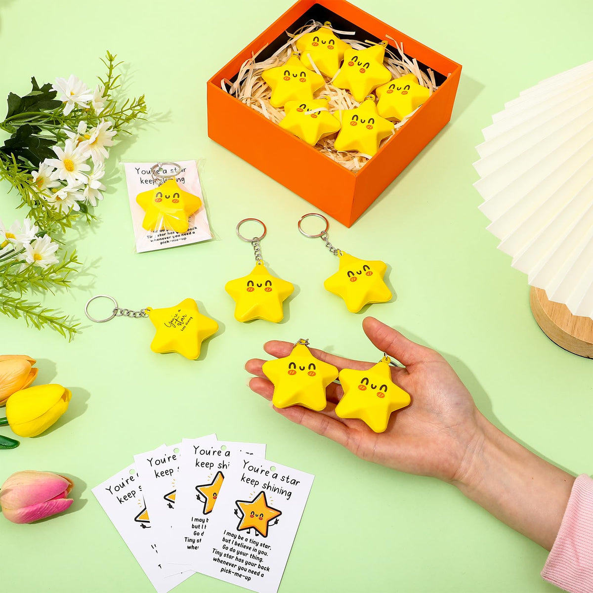 Wavwavw 36 Set Inspirational Gifts Star Keychain with You Are a Star Card Office Thank You Gift for Team Employee Coworkers (Yellow)