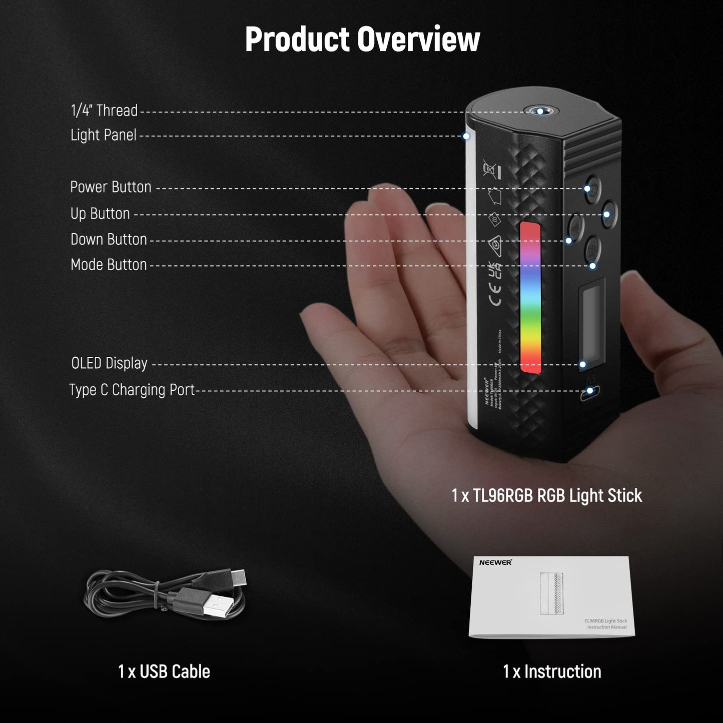 NEEWER Basic Magnetic Handheld Light Wand, 360° Full RGB Mini LED Video Light Stick, 2500mAh Battery, 2500-8500K Dimmable Camera Tube Light for Studio Photography TikTok YouTube Vlog, TL96RGB