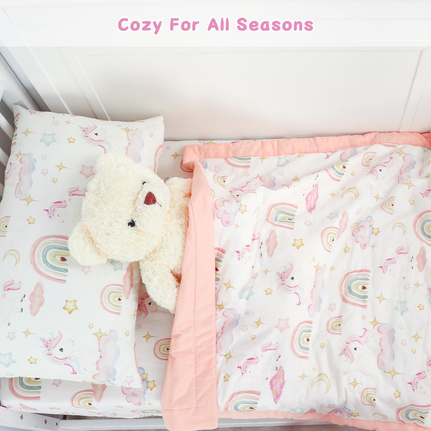 Pea Pod Muslin Toddler Bedding Set 3-Piece - Soft Breathable Crib Bedding with Fitted Sheet, Quilt & Pillowcase for Infant & Kids Bed | Machine Washable Nursery Bed Set, Unicorn Rainbow