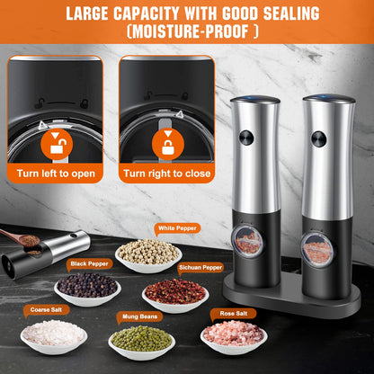 Electric Salt and Pepper Grinder Set with Base, USB Rechargeable Stainless Steel Pepper Mill, One-Handed Automatic Operation, Adjustable Coarseness, Led Light