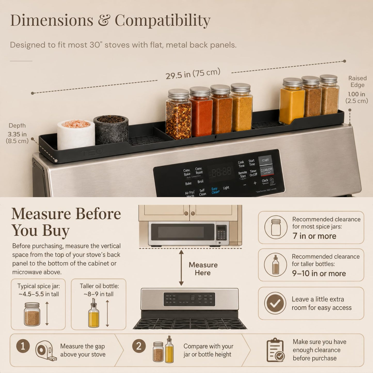 TEO Silicone Magnetic Stove Top Shelf – 30 Inch Over Stove Spice Rack, Shelf for Back of Range, Kitchen Stovetop Storage Organizer, Black