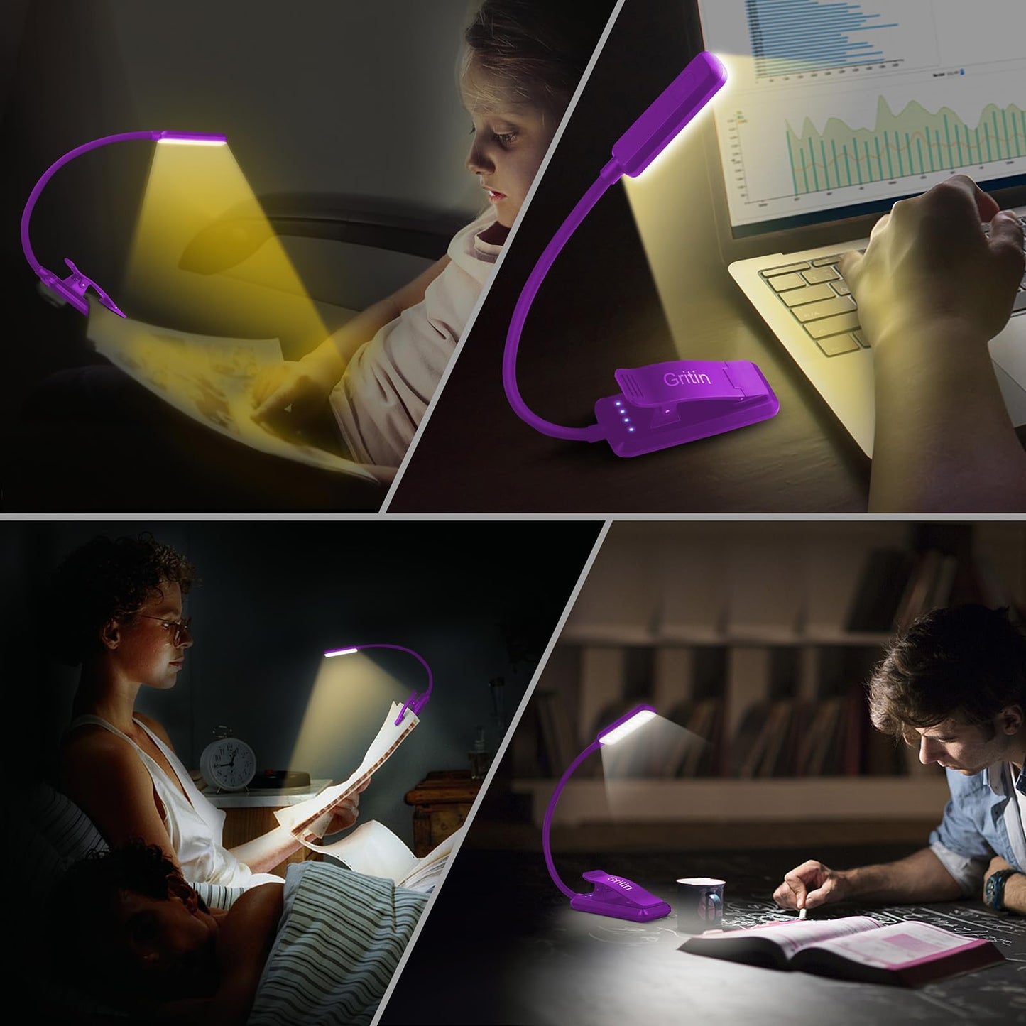 Gritin 9 LED Rechargeable Book Light for Reading in Bed - Eye Caring 3 Color Temperatures,Stepless Dimming Brightness,80 Hrs Runtime Small Lightweight Clip On Book Reading Light for Studying