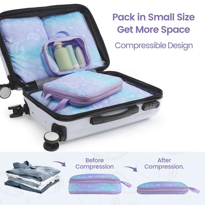 Cambond Compression Packing Cubes Travel - 5 Set Packing Cubes for Suitcases, Lightweight Expandable Luggage Organizers Space Saver Compression Cubes with Makeup Bag, White Blue Purple Gradient