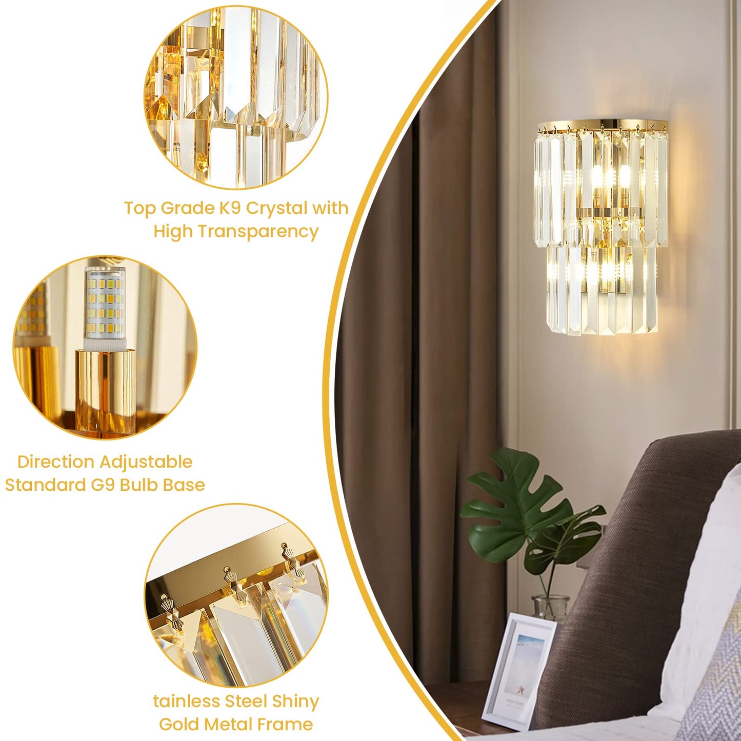Siljoy 2-Lights Modern Crystal Wall Light, 2-Tiers Crystal Bedside Wall Mount Lighting Fixture, Mirror Gold Stainless Steel K9 Crystal Wall Sconce for Bedroom Living Room Hallway H10'' x L8''