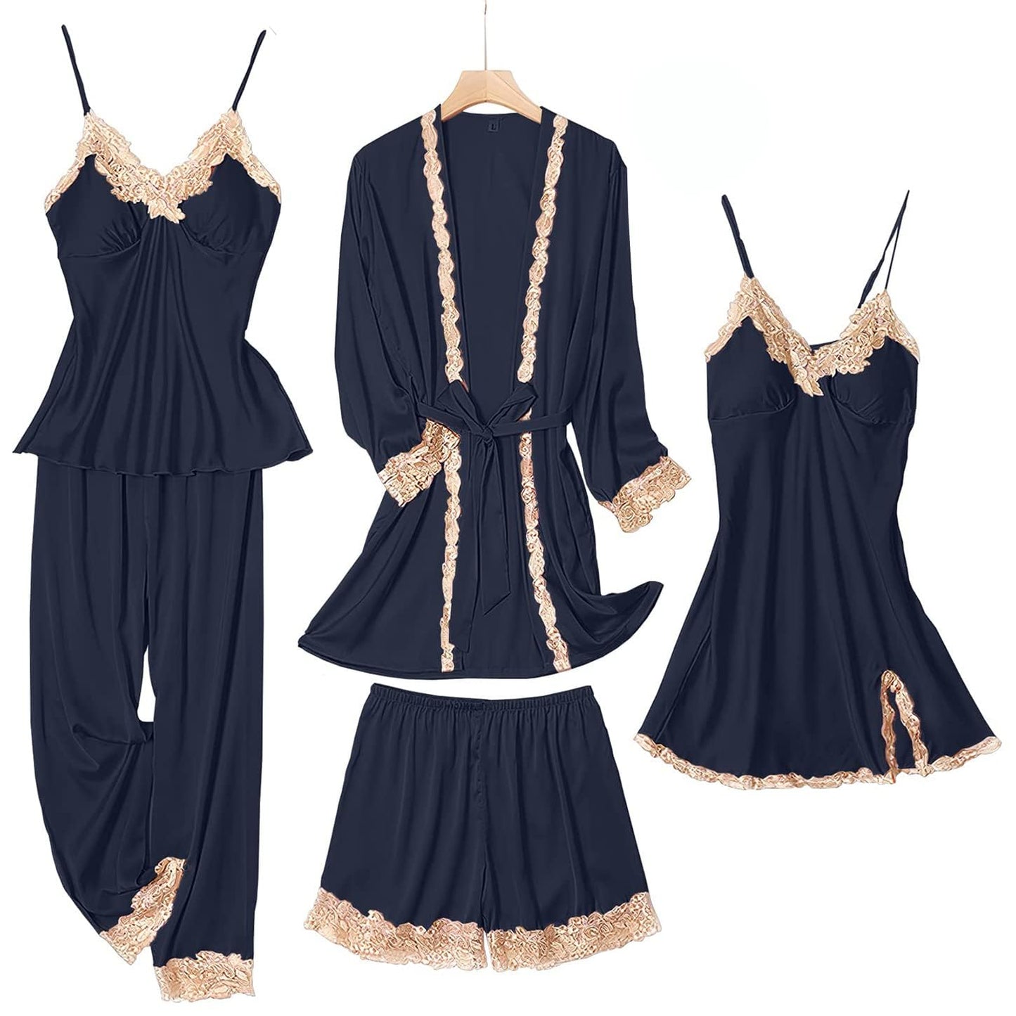 SAPJON Womens Pajama Sets 5PCS Silk Pajamas for women Cute Sleepwear Loungewear Satin Pajamas Sets for Women Soft Navy Blue