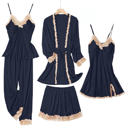 SAPJON Womens Pajama Sets 5PCS Silk Pajamas for women Cute Sleepwear Loungewear Satin Pajamas Sets for Women Soft Navy Blue