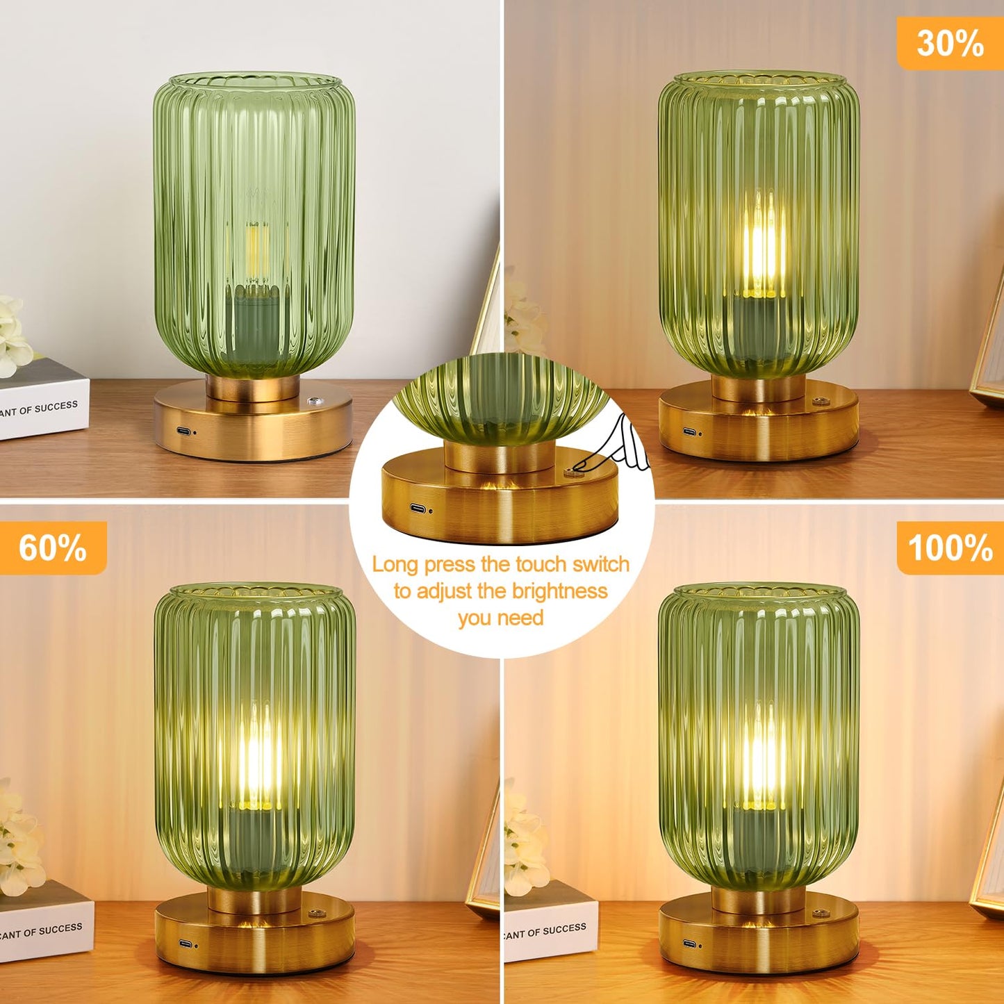 LightRound Cordless Table Lamp for Bedroom, 7500mAh Rechargeable Battery Operated Lamp, Modern Touch Dimmable Wireless Lamp Gold Base Green Glass Shade for Living Room, Desk, Led Bulb Included