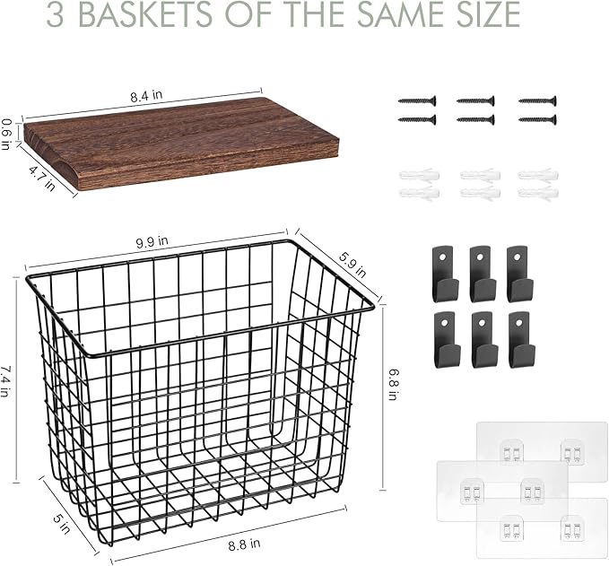 Wall Hanging Baskets 3 Pack, Diversified Wire Basket Shelves of Wooden Style