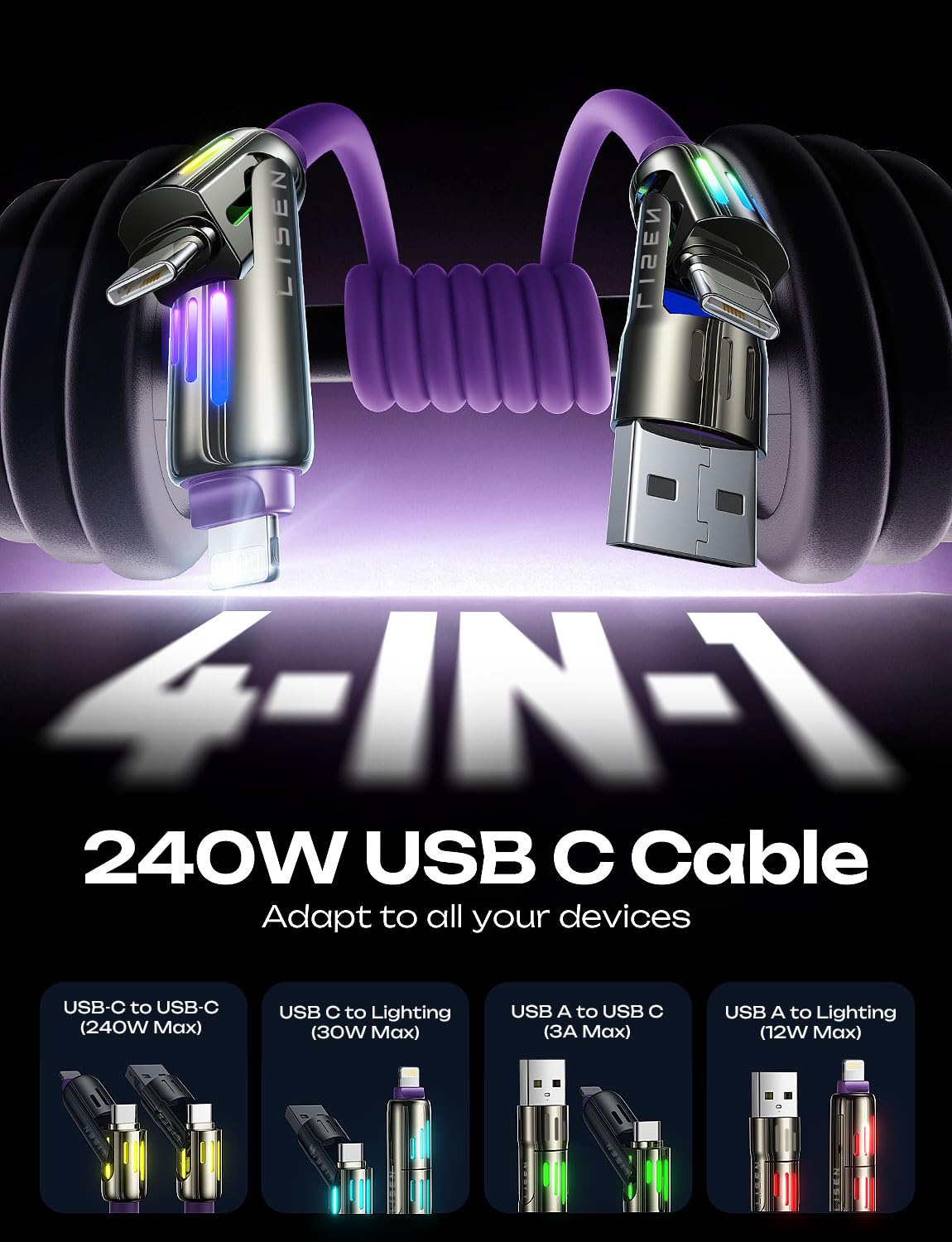 LISEN USB C to Lightning Cable, 240W 4 in 1 Charging Cable 6.6FT, Chubby USB A/C to C/Lightning with Light for iPhone Air 17 16 15 14 Pro/MacBook/iPad/Samsung/Switch 2, Multi Chargers for All Devices