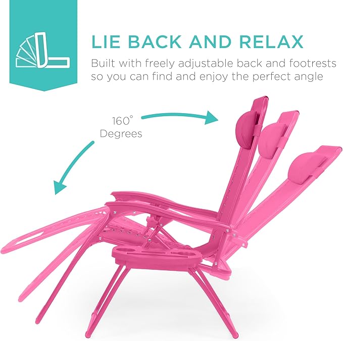 Best Choice Products Set of 2 Adjustable Steel Mesh Zero Gravity Lounge Chair Recliners w/Pillows and Cup Holder Trays - Hot Pink