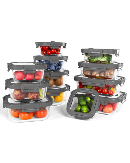 BOROHOUSE 12-Pack Glass Containers with Tempered Lids – Borosilicate, Oven-Safe(-4°F~950°F), Airtight, BPA-Free, Multi-Size for Meal Prep, Dishwasher Safe (Gray)