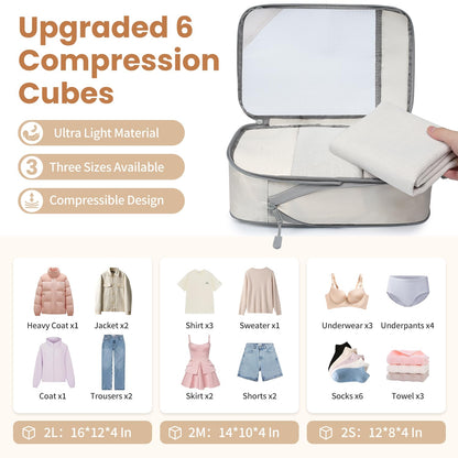 Prezon Compression Packing Cubes for Travel, Lightweight Vacation Travel Essentials, Travel Accessories for Suitcase Organizer Bags Set, Durable Luggage Organizer, 6 set, half mesh, Beige