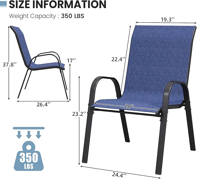 Patio Dining Chairs Set of 8, Outdoor High Stacking Chairs，Breathable Seat Fabric and Alloy Steel Frame for Backyard, Porch, Garden, Sunroom (Blue)
