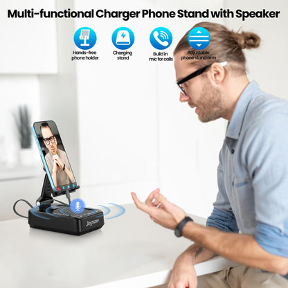 Joymate Gifts for Men Women, 10,000mAh Charging Phone Stand with Cables and Bluetooth Speaker, 360° Rotatable Angle Cell Phone Holder with HD Stereo Sound Fits Phones,Tablet (Black)