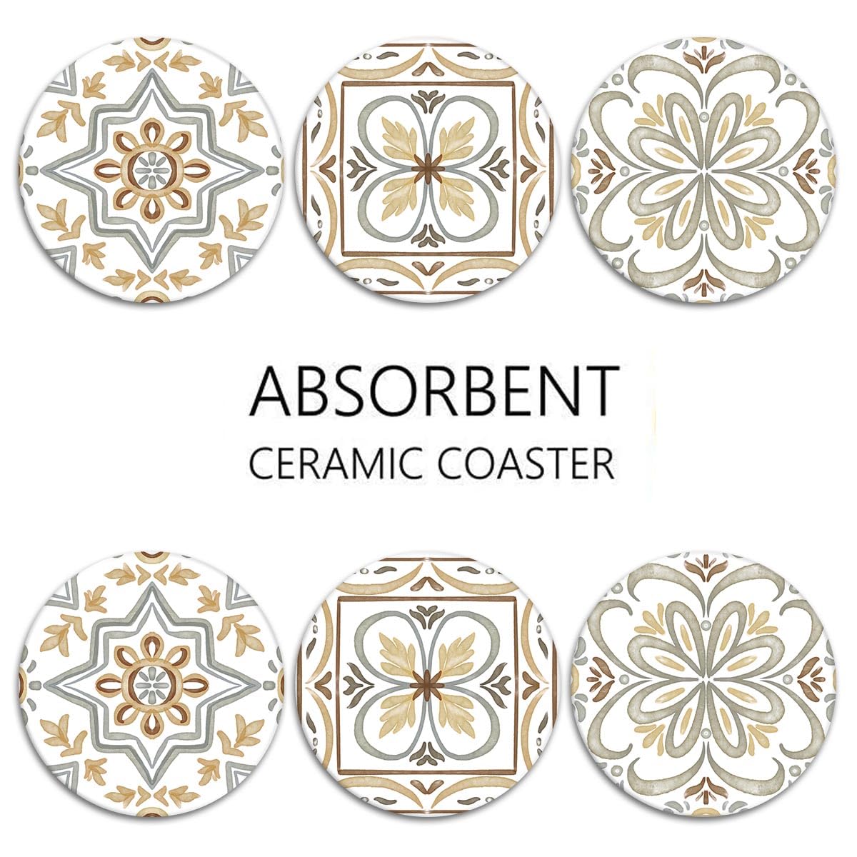 Bribay Coaster for Drinks Set of 6, Ceramic Gray Moroccan Talavera Absorbent Round Ceramic Stone Mat, with Cork Base and Metal Holder, Gift for Housewarming Room Bar Decor