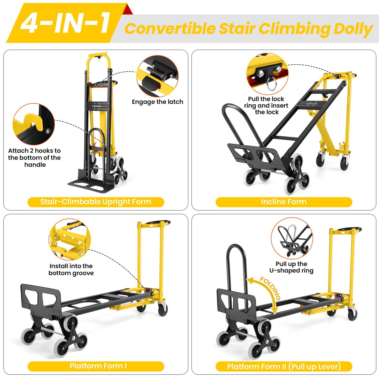 4-in-1 Hand Truck Dolly Heavy Duty Industrial Convertible, 1000 LBS Stair Climbing Cart Utility Cart Converts from Hand Trucks Dolly to Platform Cart Folding Stair Climbing Cart (Yellow)