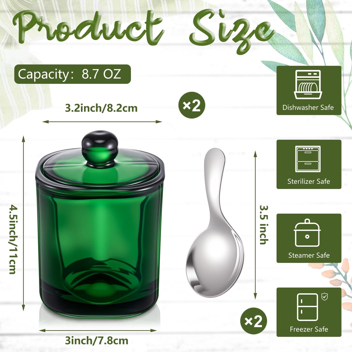 Reallnaive 2 Pack Glass Salt Cellar with Lid and Spoon, 8.7oz Storage Container, Heavy Duty Seasoning Jar for Sea Salt, Kosher, Sugar, Spice, Pepper, Dishwasher Safe for Kitchen Countertop