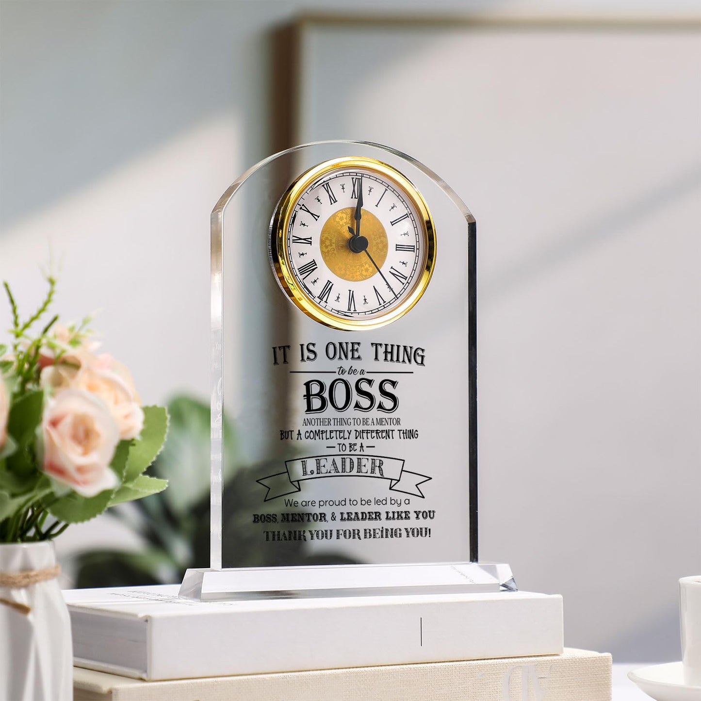 Boss Gifts for Men Acrylic Clock Best Boss Gifts for Men Women Appreciation Clock for Office Leader Manager Going Away Gift Acrylic Desk Sign for Women Lady Male Leader Idea Home Desk Table Decor