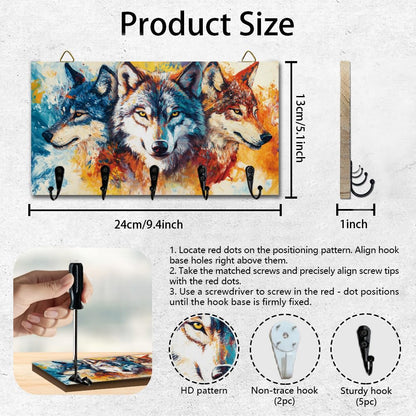 DELORIGIN Wolf Key Holder Wall Mounted Wooden Keys Racks Storage Organizer Hanger with 5 Key Hooks House Keys Holder for Wall Decor Door Entryway Hallway Kitchen New Home Gift