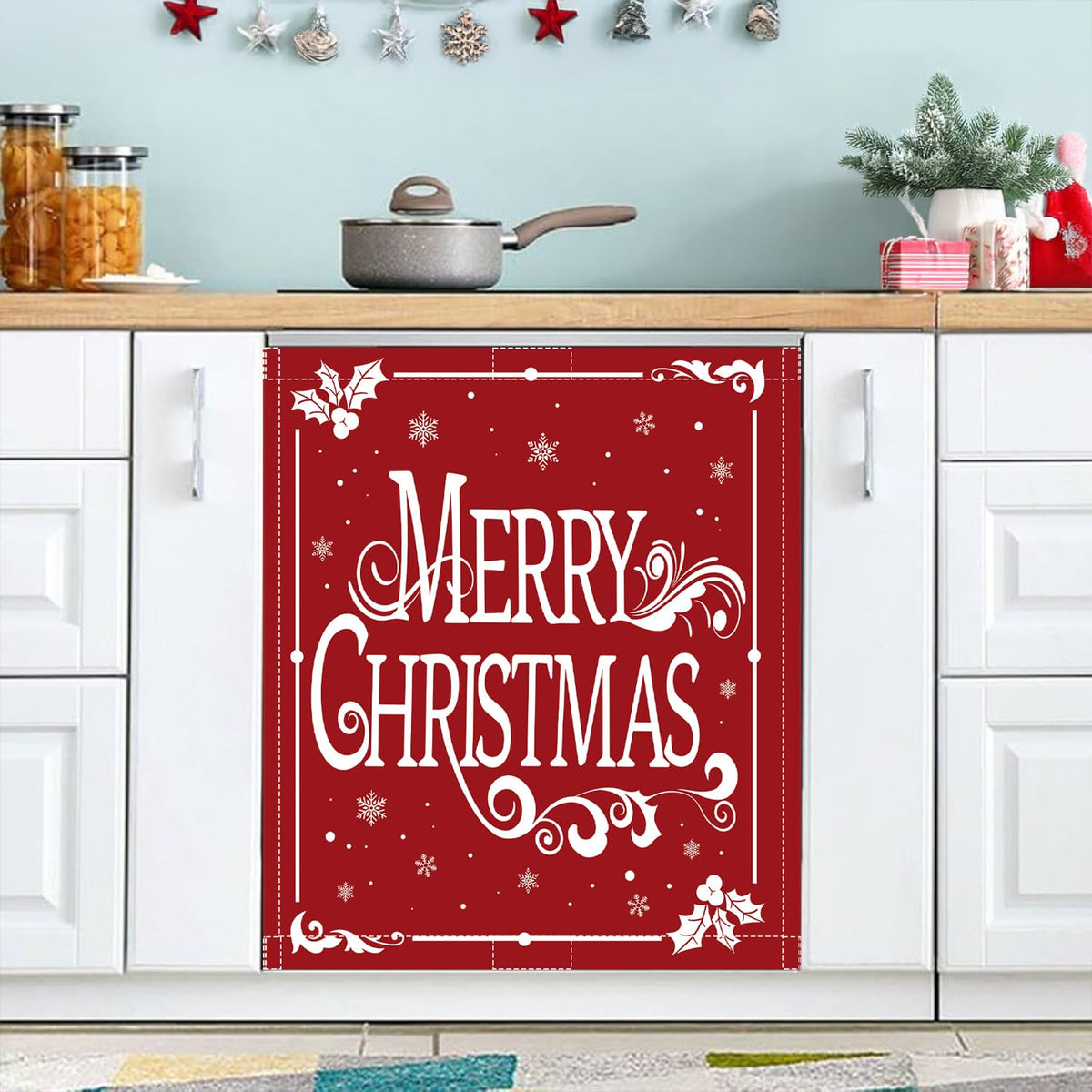 Christmas Dishwasher Magnet Cover 23x26in Merry Christmas Dishwasher Cover for Washers Fridge Panel, Snowflake Magnetic Covers for Kitchen, Machine Door Covers Decor, Red Christmas Kitchen Decor