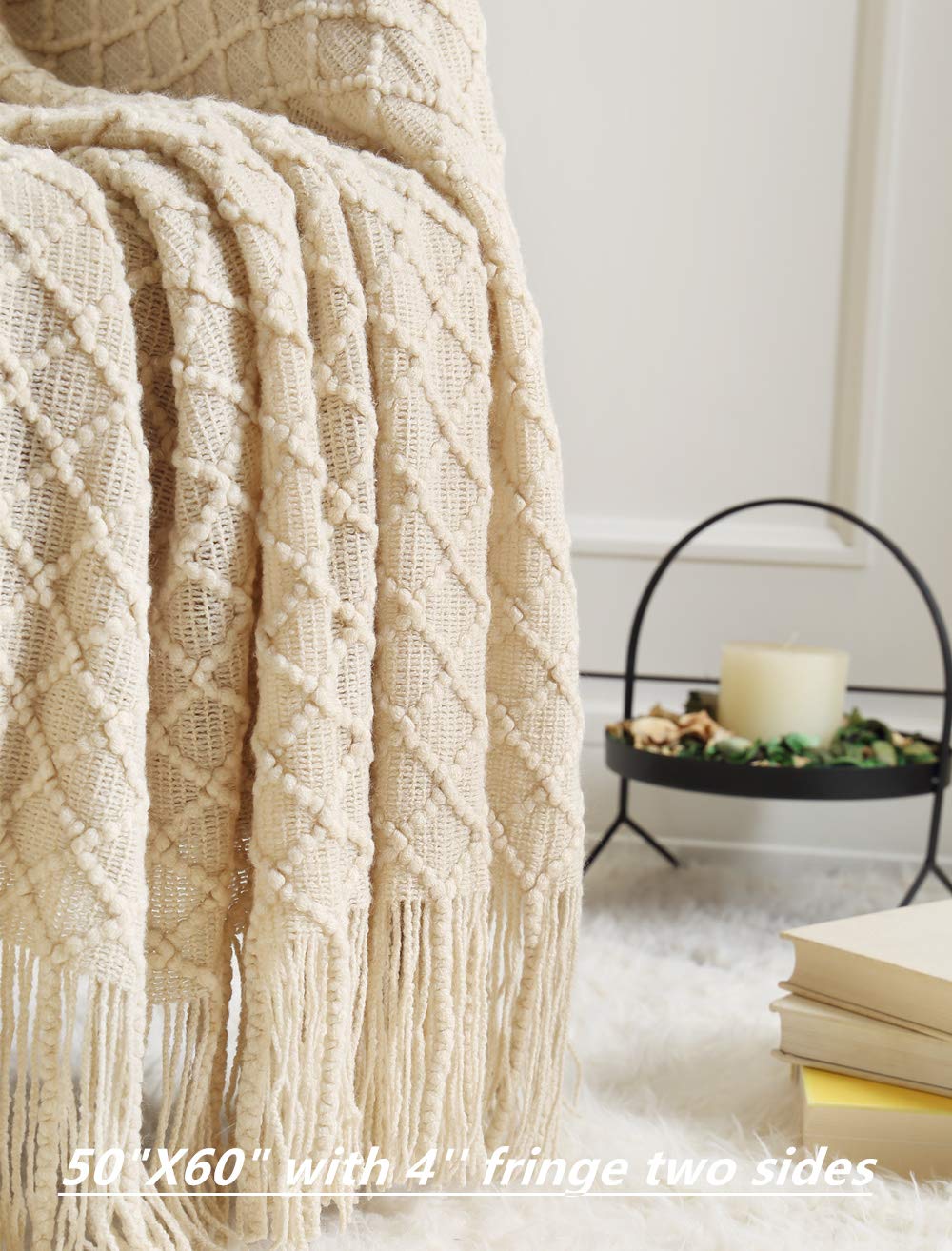 CREVENT Home Decor Rustic Couch Sofa Chair Bed Throw Blanket, Soft Warm Cozy Light Weight for Travelling in Spring Summer (50''X60'' Beige/Ivory)