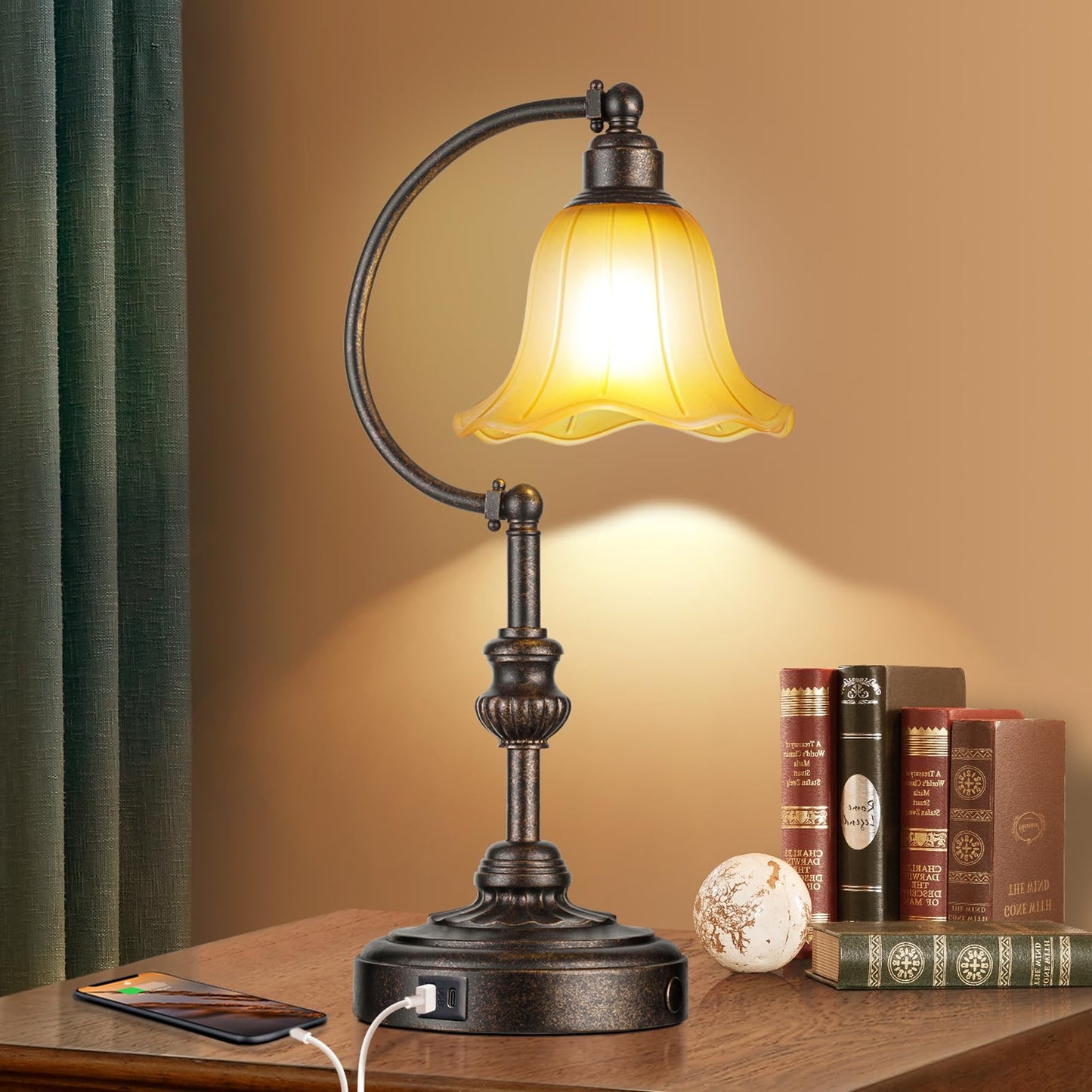 RORIA Touch Farmhouse Table Lamp for Living Room with USB C+A Ports