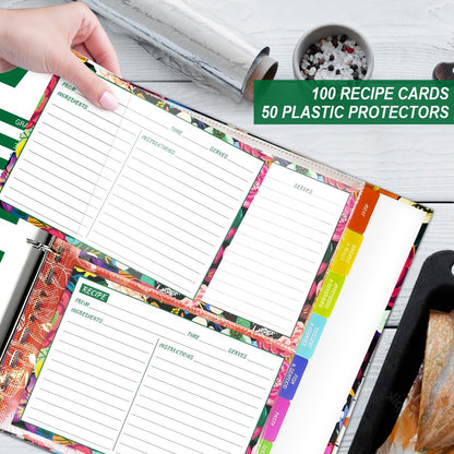 3 Ring Recipe Binder, 8.5x11 inch 3 Ring Recipe Binder Kit with 50 Plastic Sleeves Protectors, 100 Packs 5x7 inch Recipe Cards & 8 Category Divider Tabs, Organizer Set Blooming Flowers Design