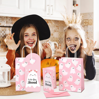 Resholder 24 Set Halloween You've Been Booed Ghost Paper Gift Treat Bag Kit with 24 Boo Gift Bags 24 Cardstock 24 We've Been Booed Doorknob Hangers 24 Envelopes for Neighbors Friends(Pink Ghost)
