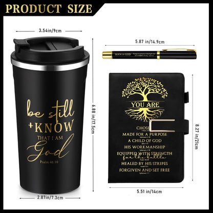 Pickmesh 3Pcs Fathers Day Christian Gift for Men Man of God Prayer Leather Journal with Pen Coffee Cup Bible Study Kit for Graduation Birthday Coworker Pastor Church(Be Still & Know,Black)