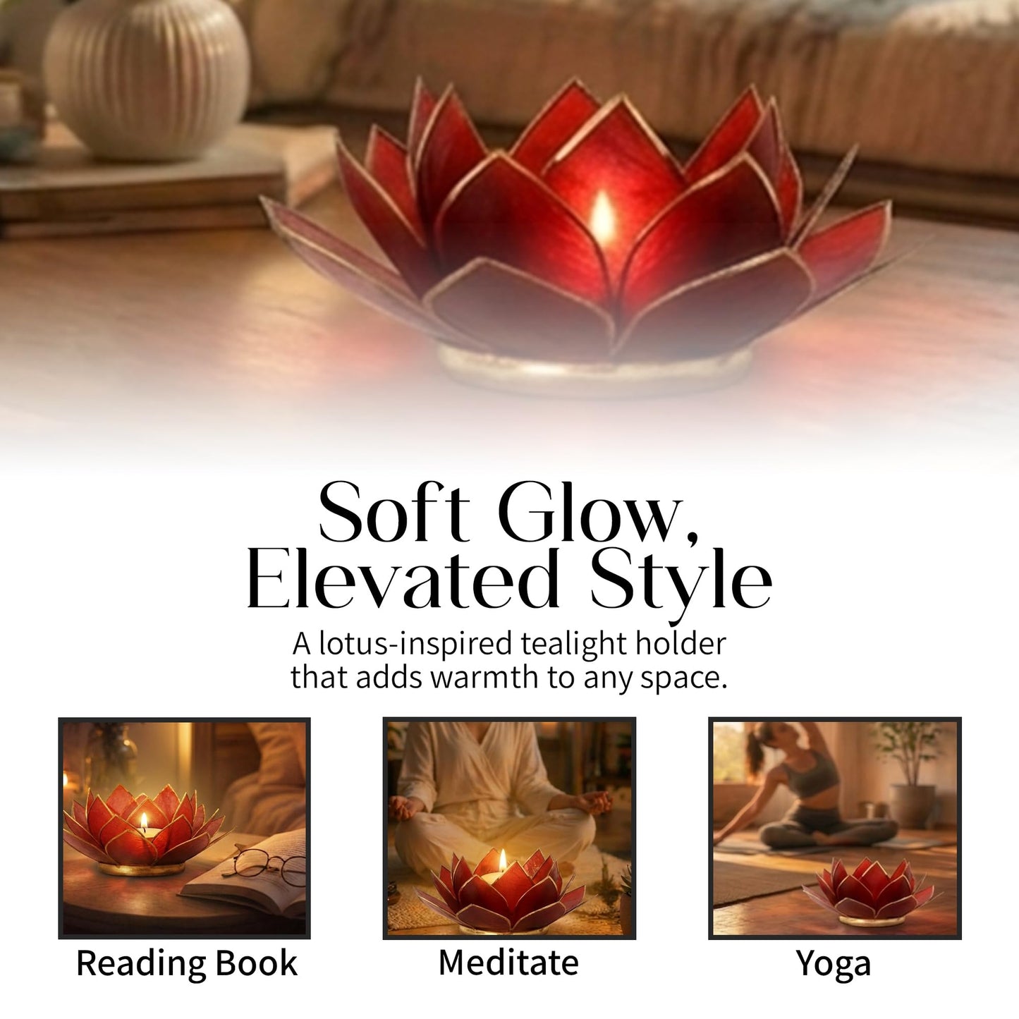 OM Gallery Gemstone Lotus Tealight Holder - Handcrafted Capiz Shell Design for Soft Glow, Elegant Home & Table Decor, Wedding Centerpieces, Votive Candle Styling, and Thoughtful Gifting - Ruby
