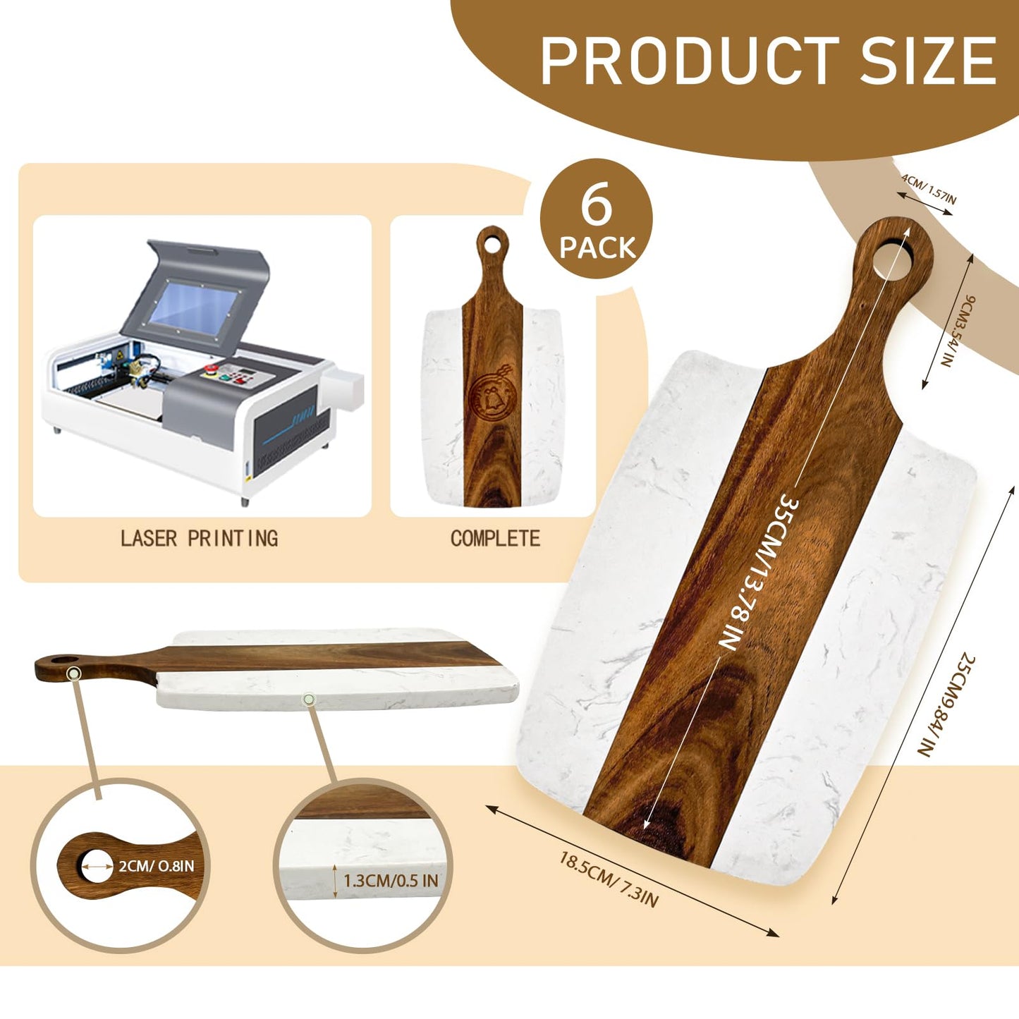 6 Pack Marble and Wood Cutting Board Acacia Wooden Marble Serving Tray with Handle Charcuterie Chopping Board for Laser Engrave, DIY Gift(13.75 Inches x 7.25 Inches)