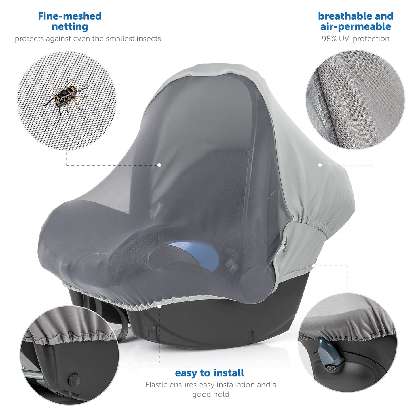 Zamboo - 3 in 1 Universal Car Sun Shade for Baby with UV Protection 50, Baby Mosquito Net and Blackout Cover in one Car Seat Accessory (Grey)