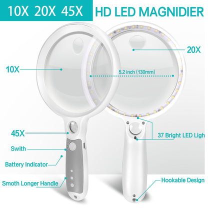Large Magnifying Glass with 37 LED Light and Case, 10X 20X 45X Handheld Illuminated Lighted Magnifier with 3 Light Modes Rechargeable Magnifying Glass for Seniors Reading, Inspection (White & Grey)