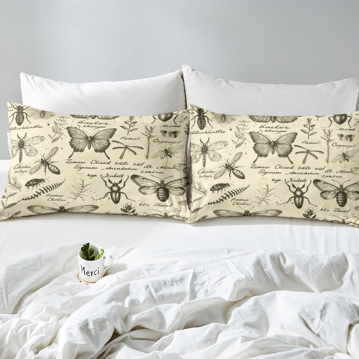 Butterfly Moth Fitted Sheet Full Size,Insects Beetles Entomological Theme Bedding Set for Kids Teens Boys Girls Room Decor,Sketch Palm Leaf Botanical Bed Sheet Rustic Boho Deep Pocket Sheet 3Pcs