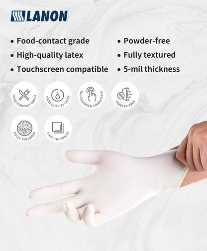 LANON 5 Mil Disposable Latex Gloves, Food Grade, Powder-Free, Fully Textured, Cleaning, White, Small(Pack of 100)