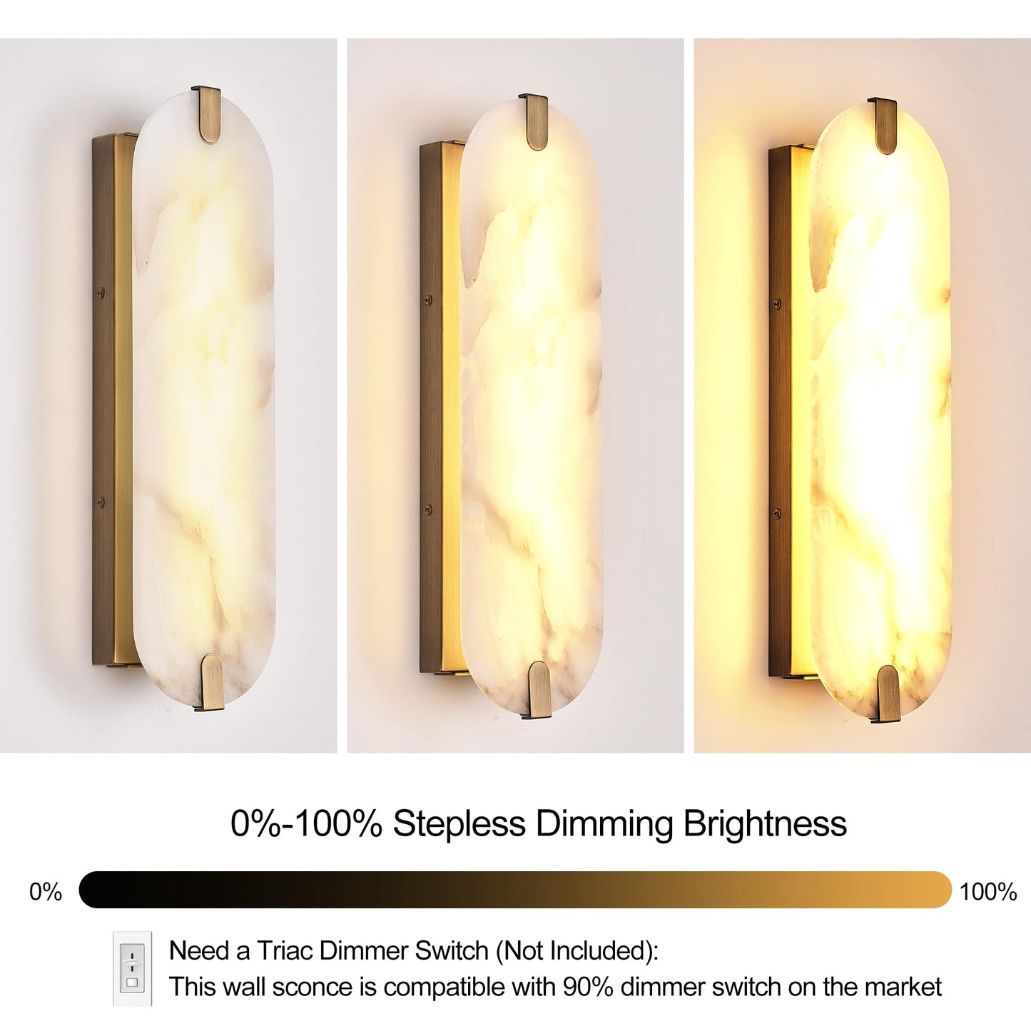 ZEROUNO Alabaster Wall Sconces Set of Two, 22.8 Natural Marble Wall Sconces Wall Lighting, Dimmable Wall Light Fixtures for Bedroom Living Room Stairs Vanity Hallway Bedside,Brushed Gold