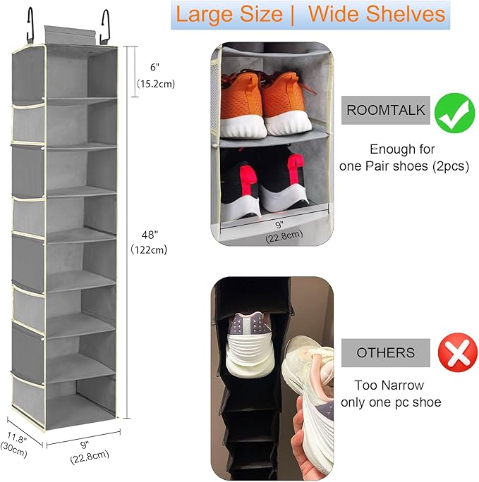 Large-Sized Hanging Shoe Organizer 8-Shelf, Hanging Closet Organizer